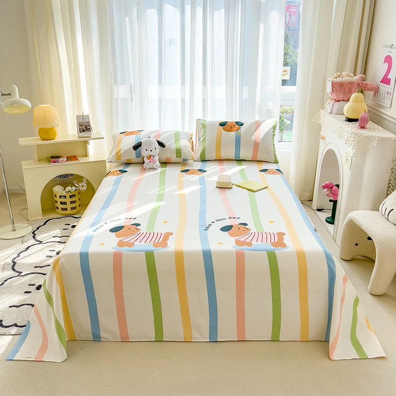 

Soft Cotton Thick Cartoon Dog Bed Sheet Set, Adults Kids Teens Bedroom Colorful Lines Bedding Set, Flat Sheet with 2 Pillowcases