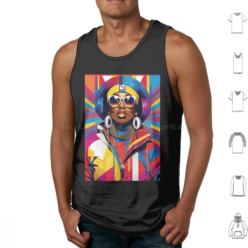 Missy Elliot Tank Tops Print Cotton Portrait Woman Headphones Sunglasses Fashion Vibrant Colorful Geometric Style Missy