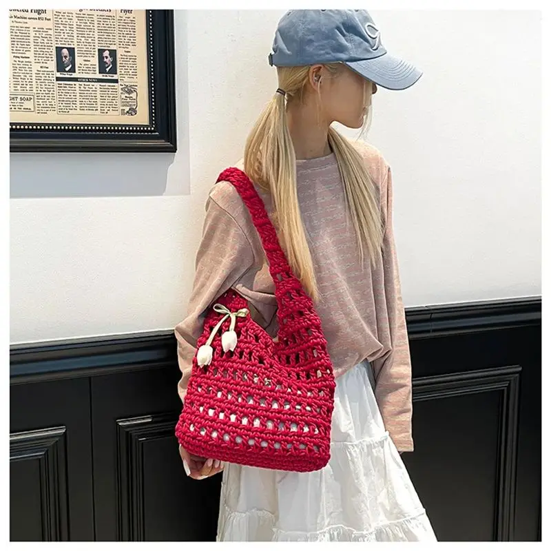 

Large Capacity Commuter Knitted Bag Women's Shoulder Bag 2026 Spring/Summer New Vintage Hollow Knitted Bag Mesh Beach Bag
