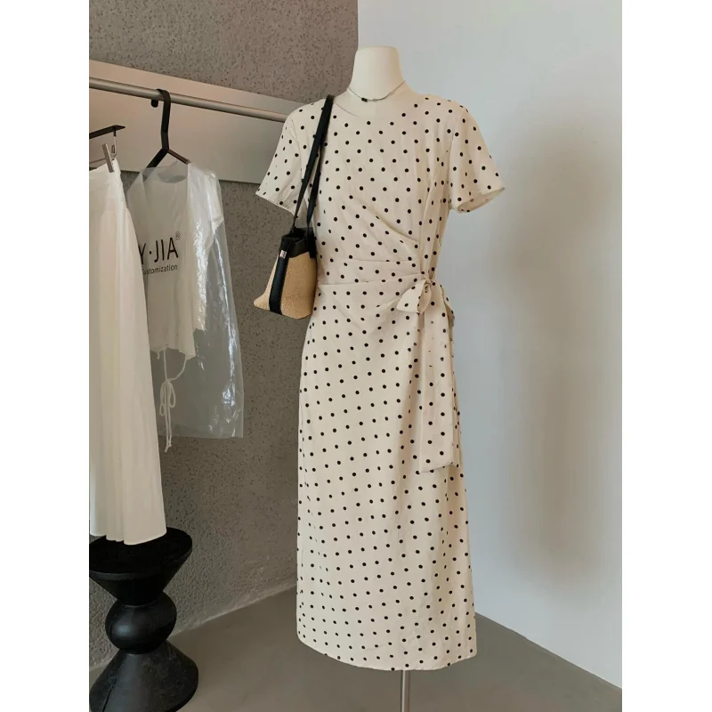 

Retro Polka Wrap-Style Midi Dress With Short Sleeves, Tie-Waist, Elegant And Slimming Work And Casual Wear
