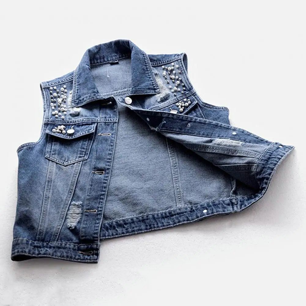 Kunst perlen Perlen Frauen Weste Einreiher Vintage Cowboy Weste Loch Hip Hop Weste Denim Weste ärmellose Jacke