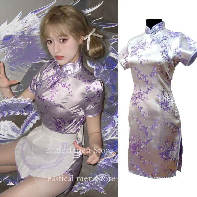 

Jacquard Cheongsam Short Qipao Lolita Cosplay Dress Chinese Style Costume Retro Button Down Vestidos Casual Dresses Big Size 6Xl