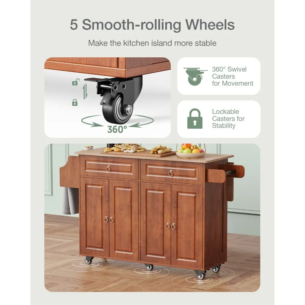 Kitchen Island with Drop Leaf and Storage, on Wheels Two Drawers, Large Storage Cabinet, Towel Rack Spice Cart, Kitchen Islands