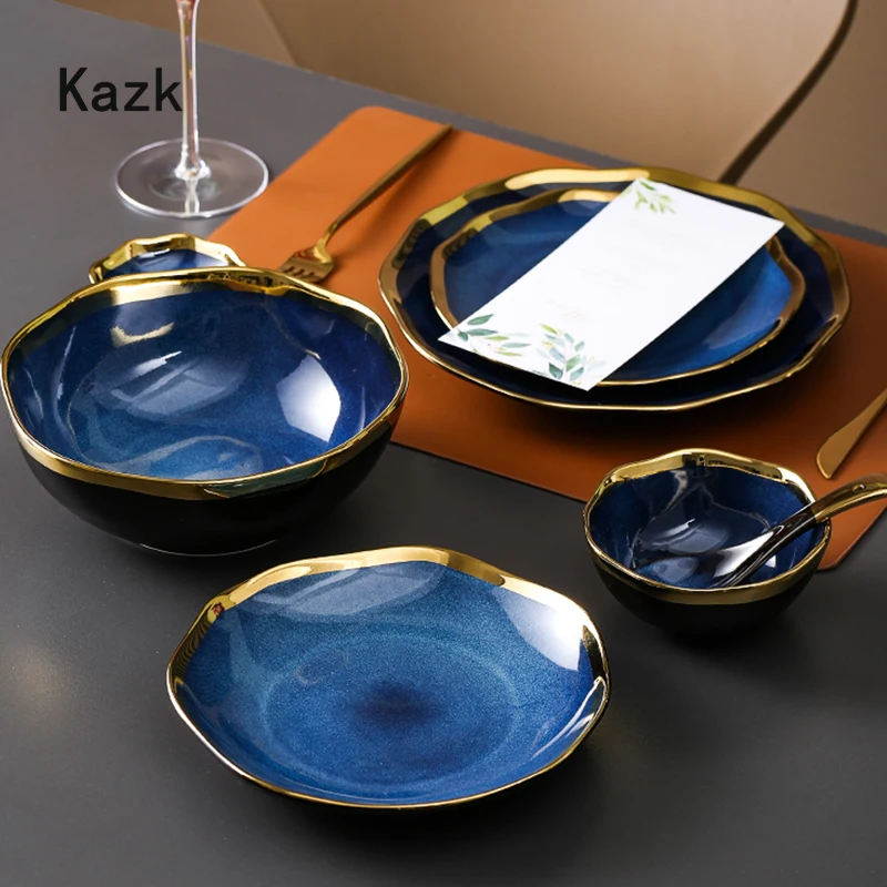 Nordic Blue Glaze Ceramic Dinner Plates and Bowls Creative Irregular Phnom Penh Steak Plate Dessert Snack Dishes Home Tableware