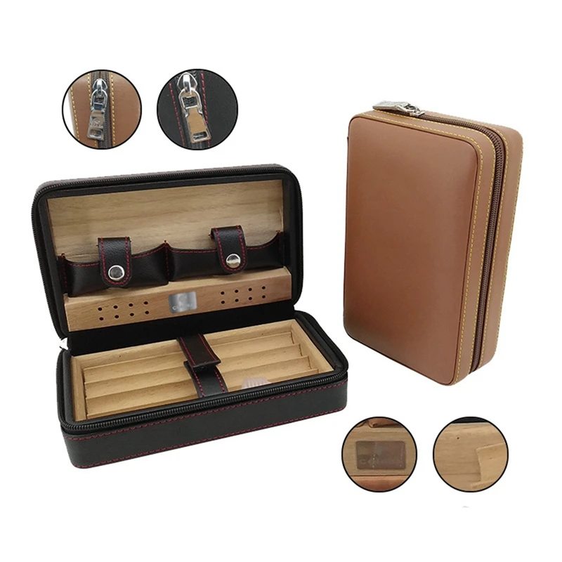 BEAU-Portable Cedar Wood Cigar Humidor Box Travel Husk Paper Cigar Case Storage 4 Cigars Box Humidor Humidifier For Sigar