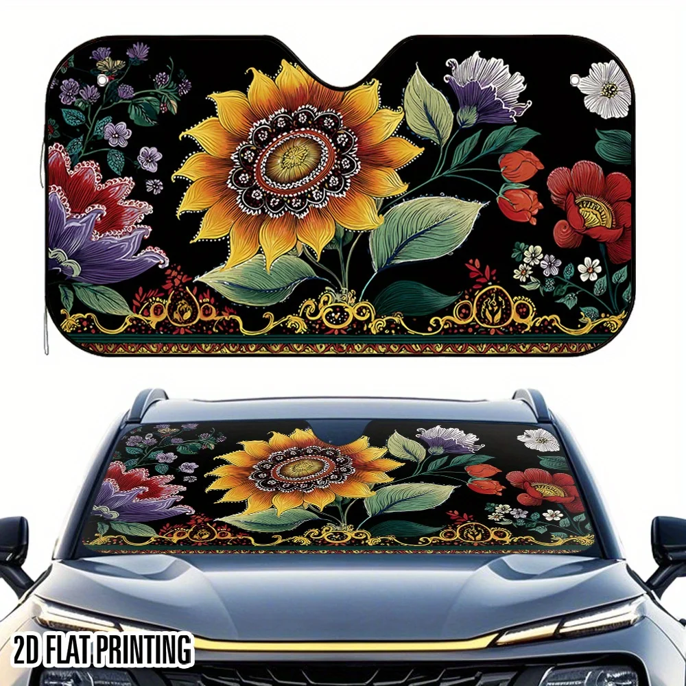 1pc 2D Flat Brocade Black Flower Painting Scroll Print Car Sunshade – Stylish & Foldable, Keeps Your Vehicle Cool, Easy Install