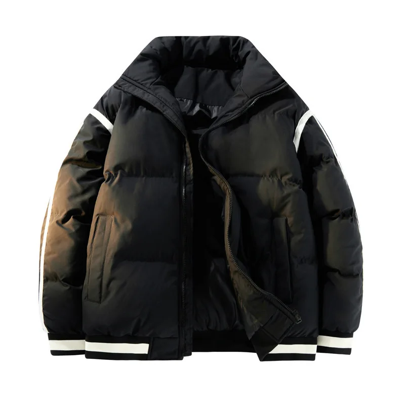 2025 Winter Men Coat Thicken Windproof Striped Zipper Man Down Jacket Fashion Loose Stand Collar Long Sleeve Male Outerwear