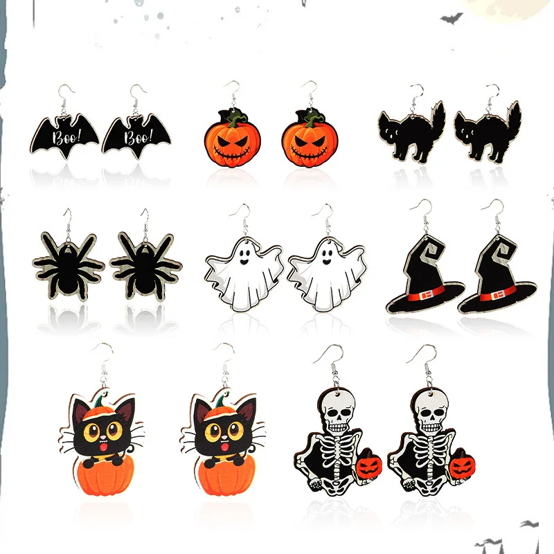 Halloween Party Earrings For Woman Bat Death Ghost Pumpkin Skeleton Woodiness Cartoon Wacky Dangle Earrings Funny Jewelry Gifts