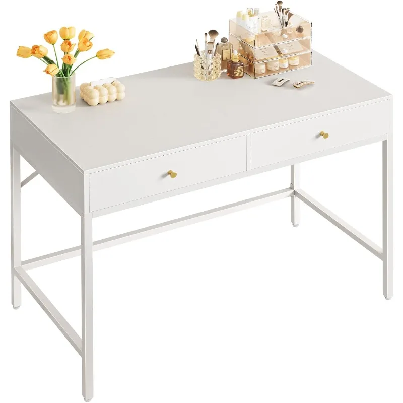 39.4 Inch White Desk with 2 Drawers, Modern Makeup Dressing Table, Small Computer Desk Home Office Desk