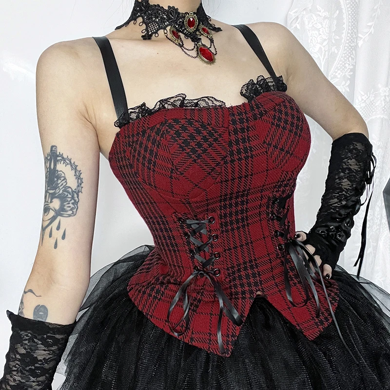 Y2K Red Plaid Lace-up Zipper Corset Crop Top Vintage Sexy Aesthetic Lace Trim Backless Slim Camis Tops Summer Fashion Streetwear