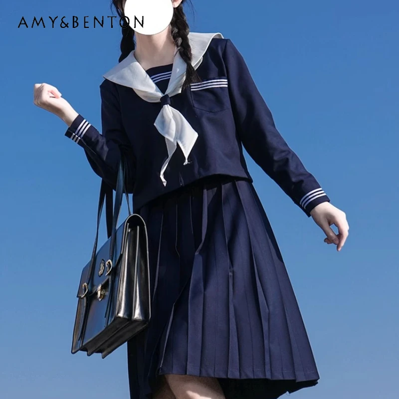 2024 New Japanese Summer JK Uniform Preppy Style Blue Long Short Sleeves Top Pleated Skirt Basic Versatile Sailor Suit For Girls