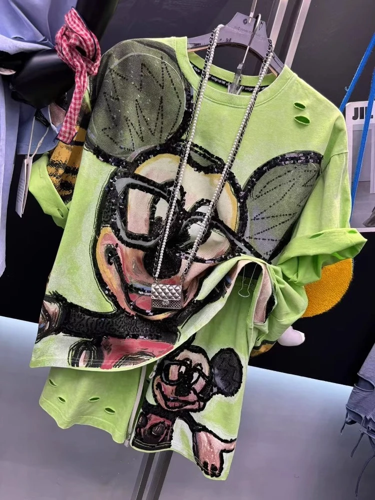 Heavy Industry Commute Style Cartoon Short-sleeved T-shirt Outfits Women's Loose Casual O-neck Top Tees Kawaii Short Pants Set