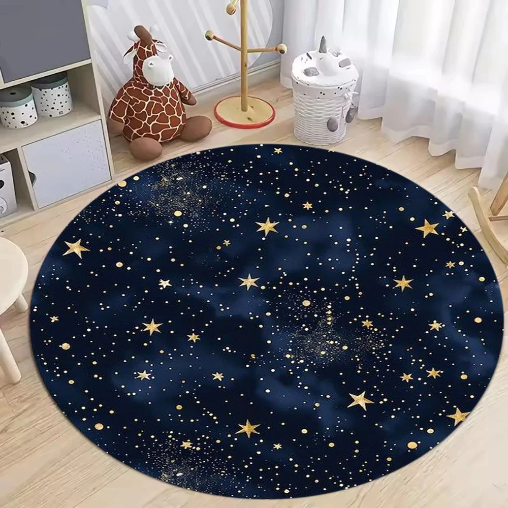 Dark Blue Round Carpet with Golden Stars Pattern for Kids Room Nursery Decor Soft Fluffy Cozy Floor Mat Non-Slip Rug Gift
