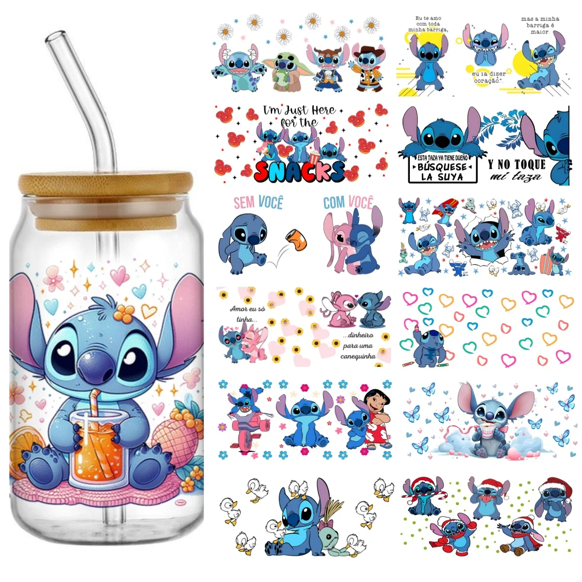 

New Design Lovely Stitch UV DTF 16oz Libbey Glass Cup Transfer 3D Sticker UVDTF Fashion Collection Can Mug Wraps Tumbler Decals