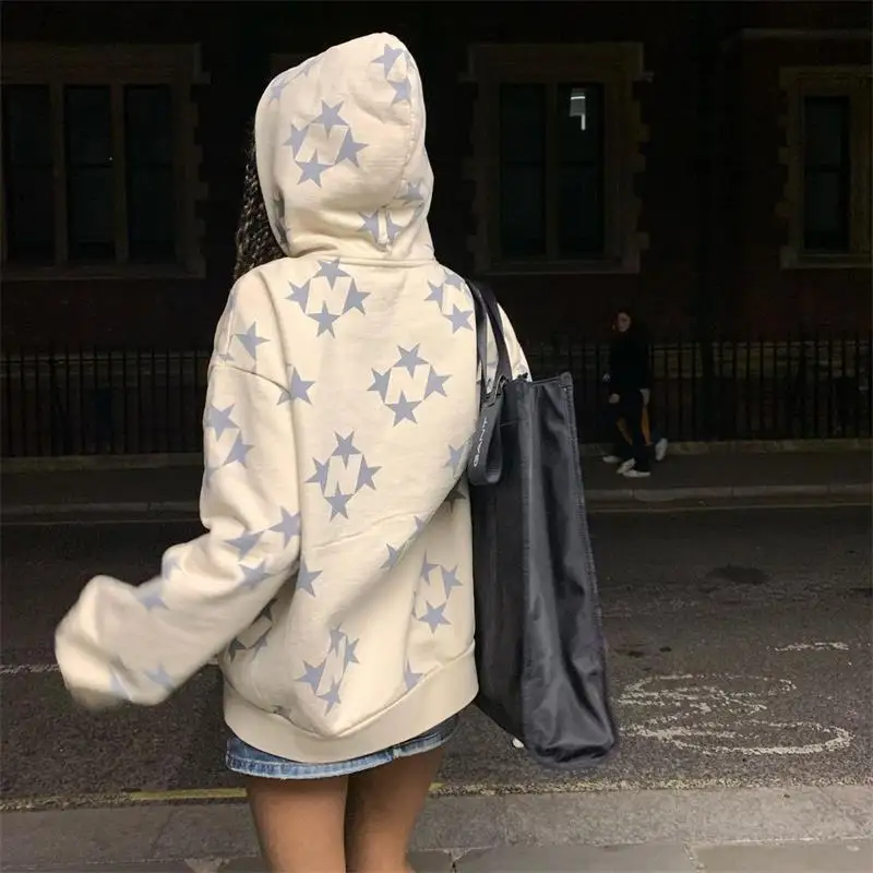 

Star Print Hooded Cardigan Zipper Loose Sweater Coat