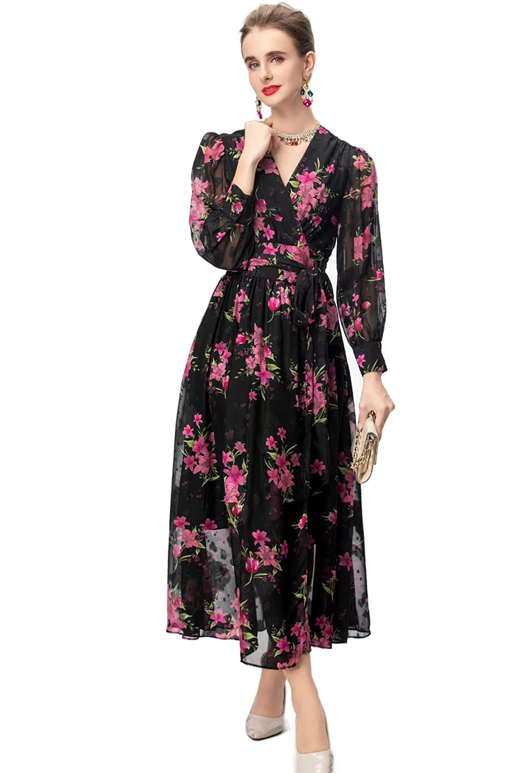 DLDENGHAN ชุดเดรสคอวีผ้าแจ็คการ์ดสำหรับผู้หญิงแขนทรงโคมพิมพ์ลายวินเทจแฟชั่นฤดูใบไม้ร่วงสำหรับผู้หญิง