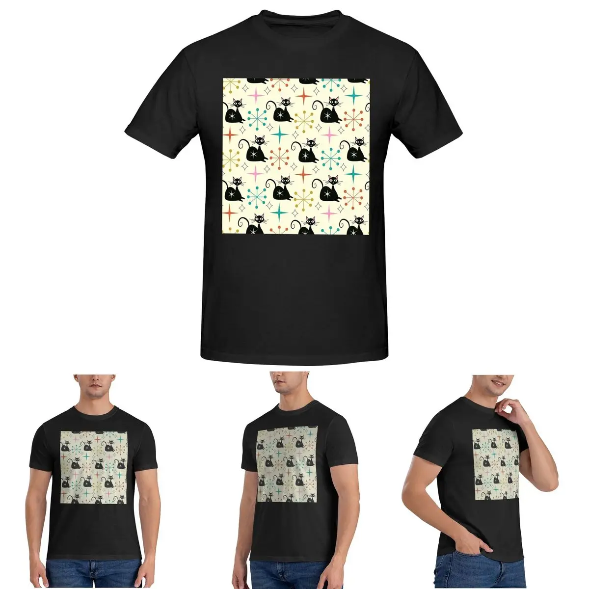 

Mid Century Black Atomic Cat With Starbursts T-Shirt for Men Cotton T Shirts Men's Short Sleeve O-Neck Summer Clothes Tops S-6XL