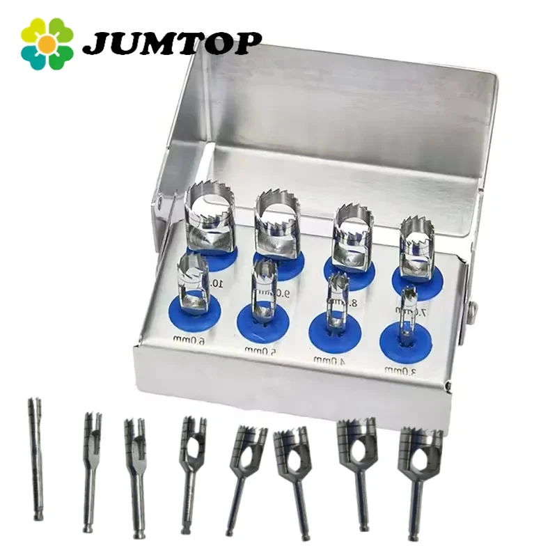 

JUMTOP 8 шт., набор трепантиновых сверл для зубных имплантатов с бесплатным держателем для боров, перфоратор для тканей для имплантата, хирургический инструмент