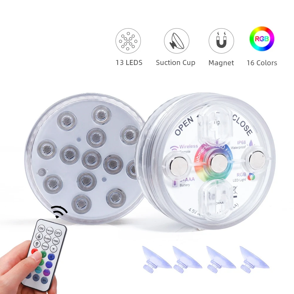 Luz LED RGB sumergible con imán y ventosa para piscina, luz nocturna para estanque subacuática, 13 Led