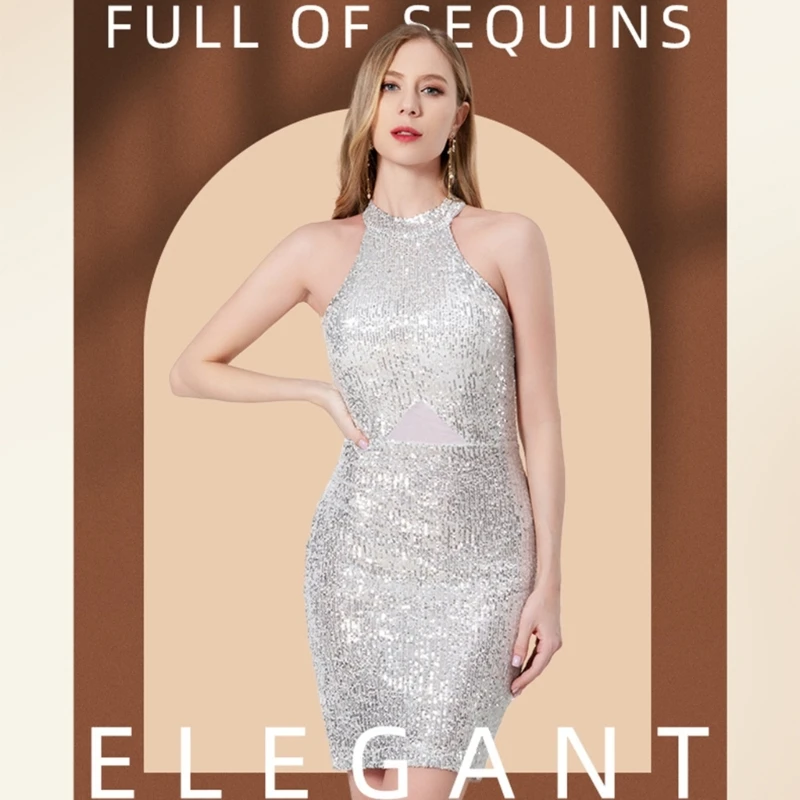 

Сверкающее облегающее платье без рукавов с воротником-халтер для женщин, сетчатые платья-карандаш с блестками для коктейлей в