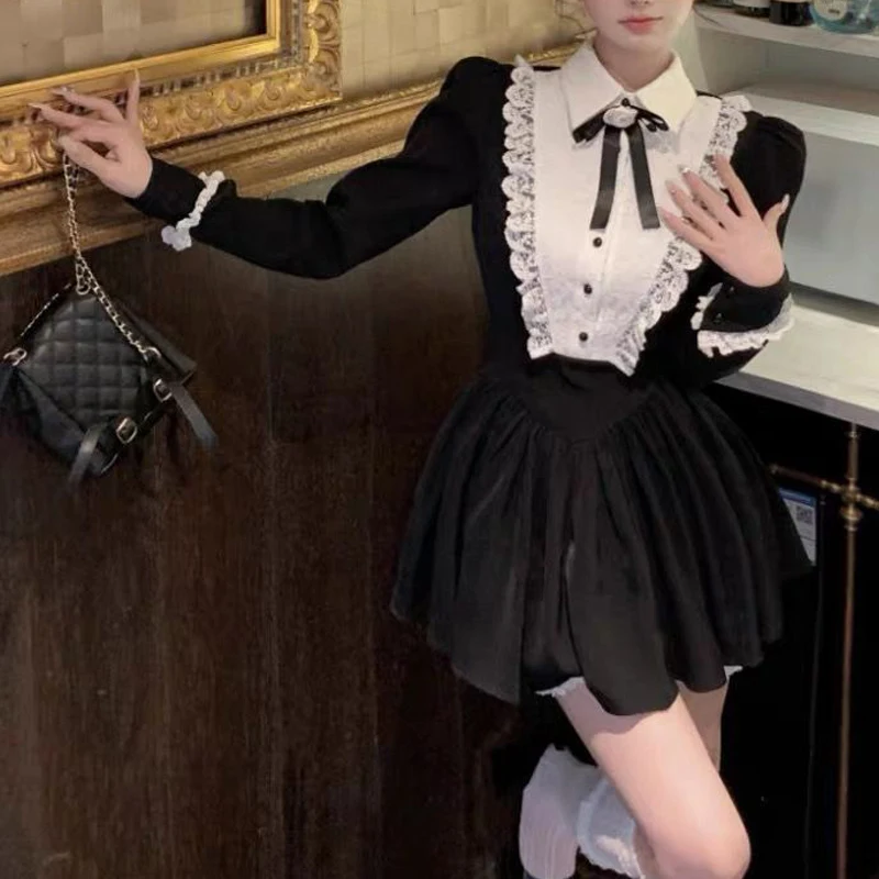 فساتين حفلات الأميرات الحلوة بفيونكة دانتيل عتيقة للسيدات Harajuku Y2K لوليتا Kawaii فستان قصير بأكمام طويلة فساتين مثيرة #6