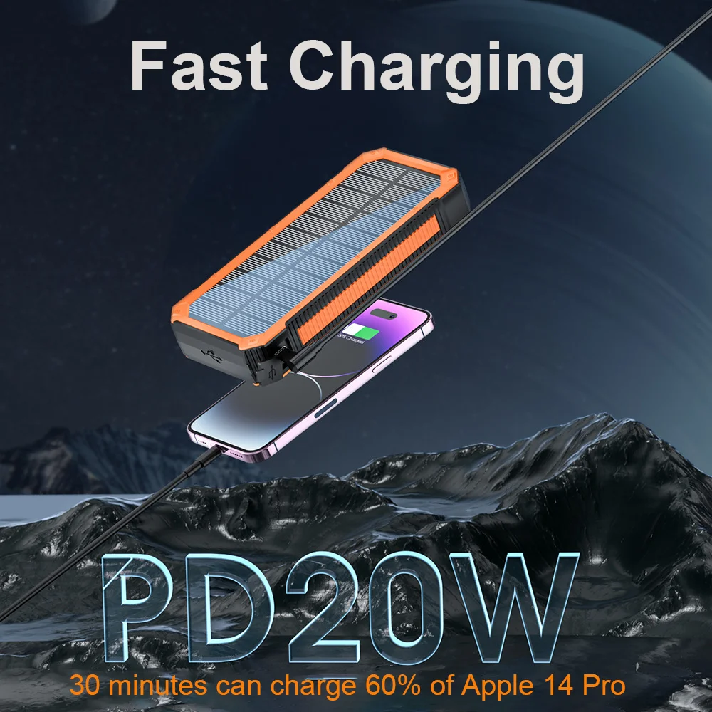 New 20000mAh Power Bank Outdoor Camping 1.6W Lighting Solar Type-c Power Bank 20000mAh 5W Wireless Power Bank For iphone PSP