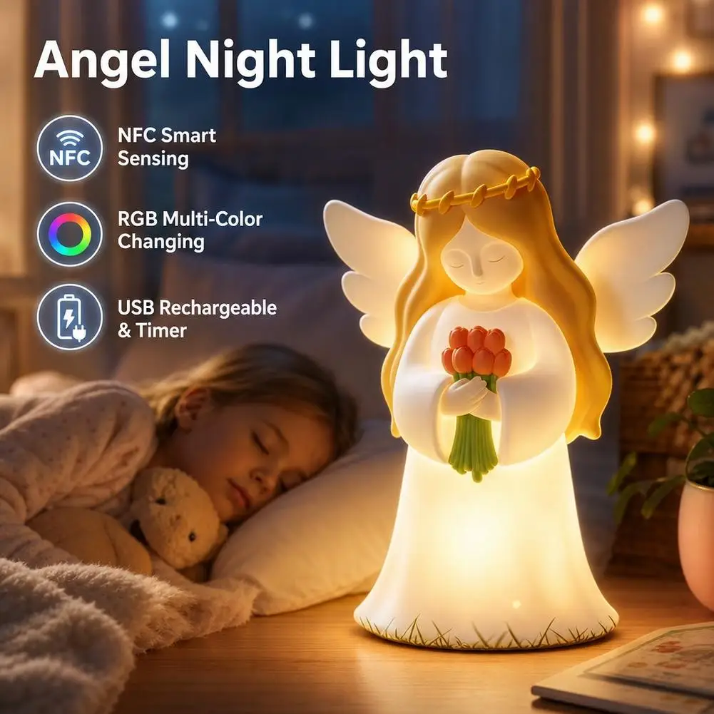 Angel Night Light RGB Color Changing Lamp NFC Smart Sensing USB Rechargeable Timer Silicone Bedside Lamp Kids Bedroom Decor Gift