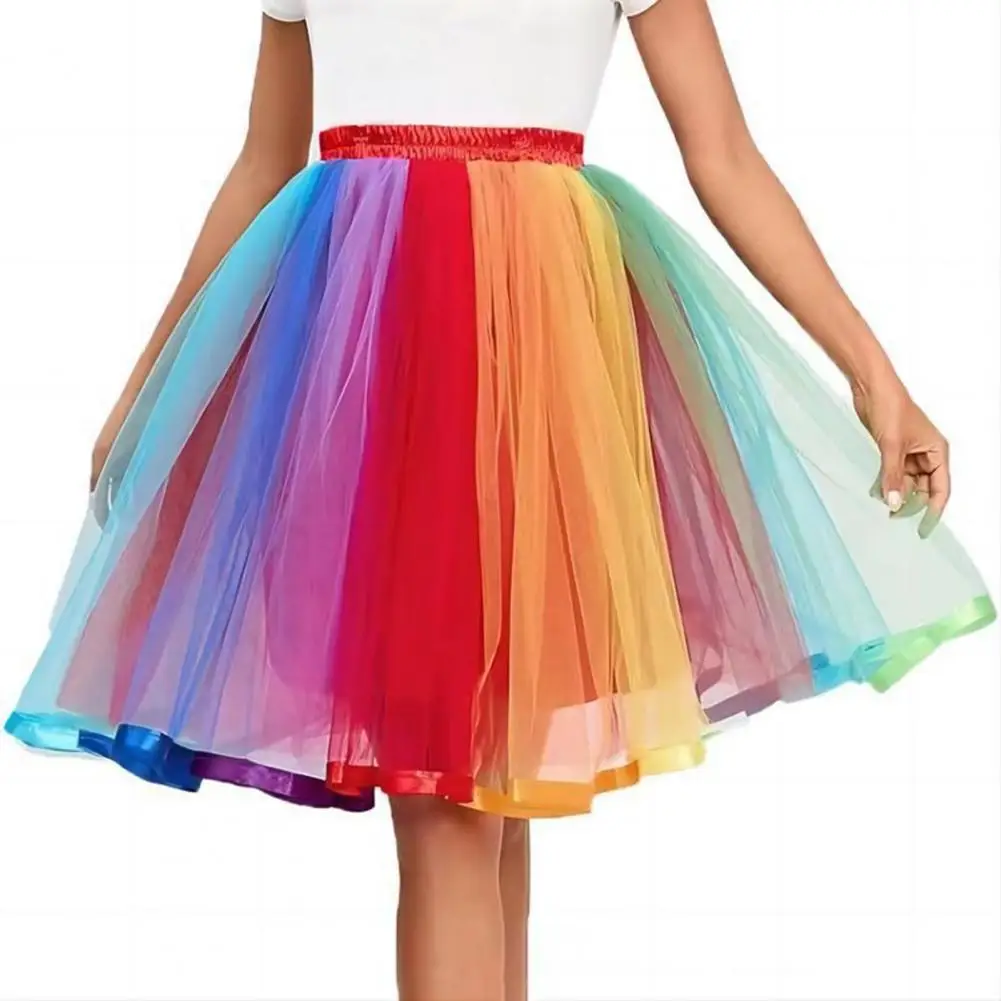 

Colorful Rainbow Dance Skirt Elastic Waistband High Waist Midi Skirt Mid-calf Length Sweet Style Dance Skirt 무지개 피리 스커트