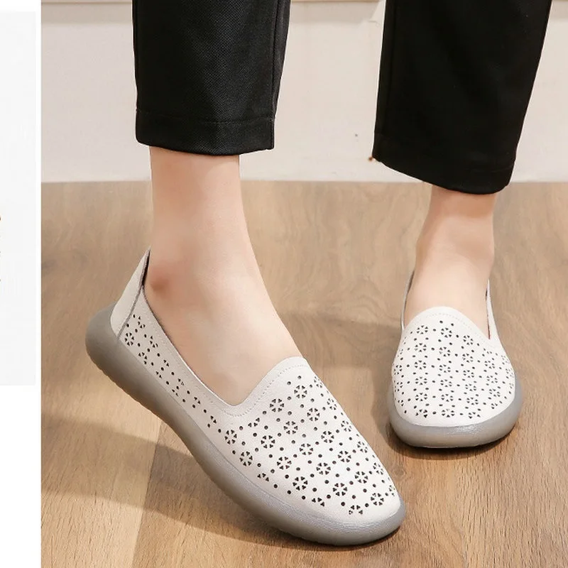 Summer White Shoes Sneakers Genuine Leather Loafers Hollow Out Women Ballet Flats Shoes Woman Breathable Soft Casual Shoes