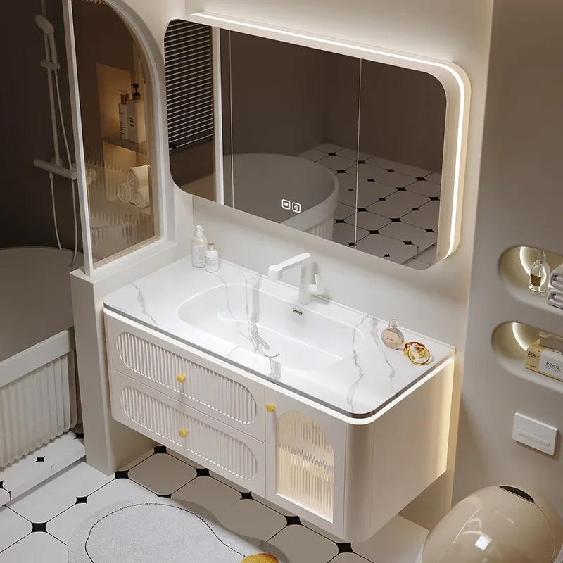 

French Bathroom Vanity Cabinets Modern Oak Bathroom Sink Cabinet Integrated Ceramic Washbasin Combination Bathroom Furniture