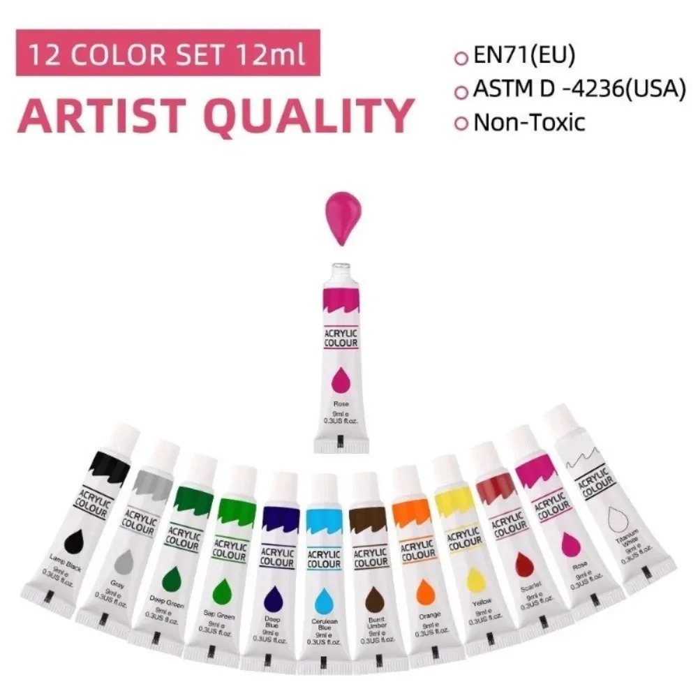 Set di colori acrilici a 12 colori Tubi da 9 ml Forniture artistiche impermeabili per artisti principianti Pittura fai da te su tela Cancelleria da parete