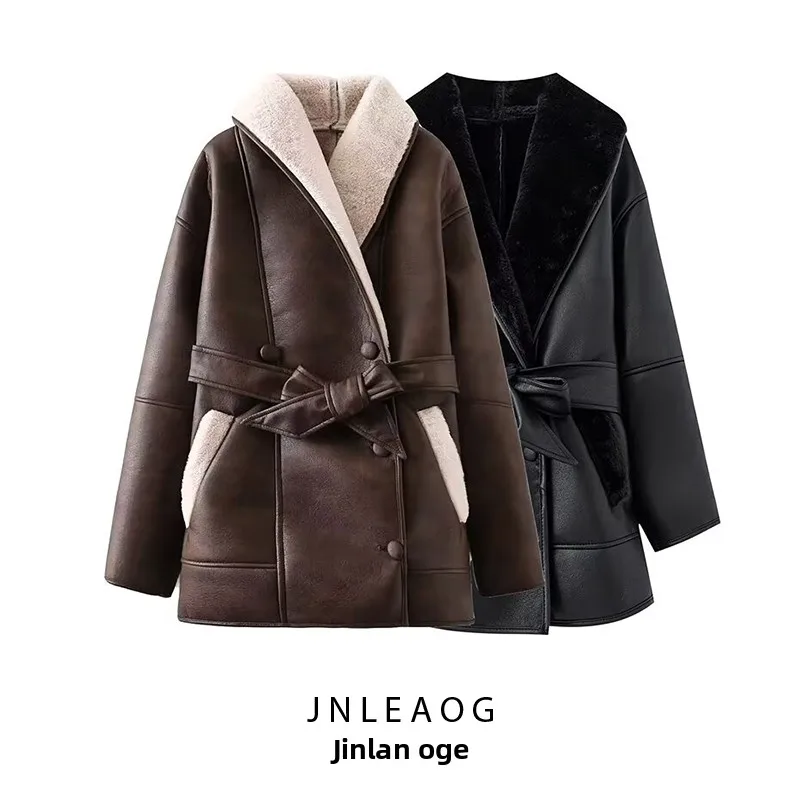 

JNLEAOG Осенняя новинка: женская ветровка из двухцветной кожи и меха, свободного кроя, однотонная, в стиле интернет-знаменитостей