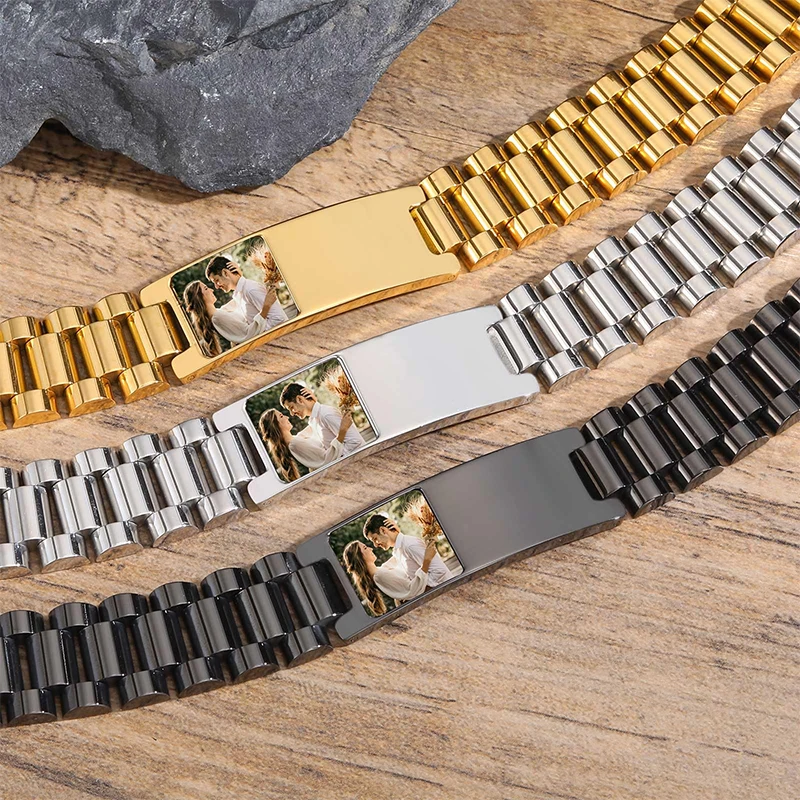 Custom Picture Text Bracelet Watch Band Stainless Steel Link Bracelet Custom Engraving Photo/Text/Name Bracelet Jewelry for Men