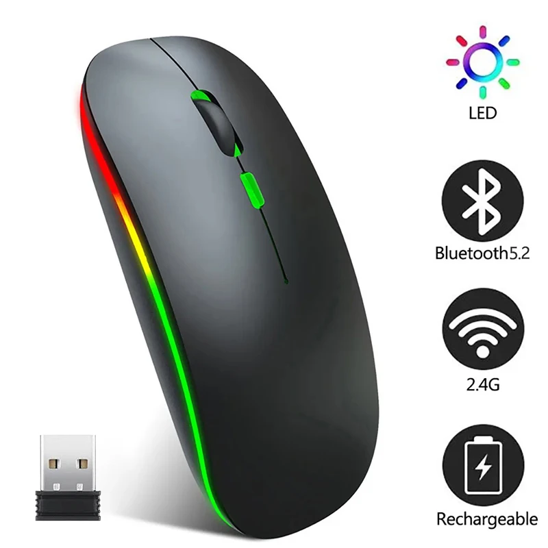 ماوس لاسلكي بلوتوث وأوضاع مزدوجة 2.4 جيجا هرتز قابلة لإعادة الشحن RGB مريح صامت انقر للكمبيوتر الشخصي iPad والكمبيوتر المحمول والكمبيوتر الذكي والتلفزيون #1