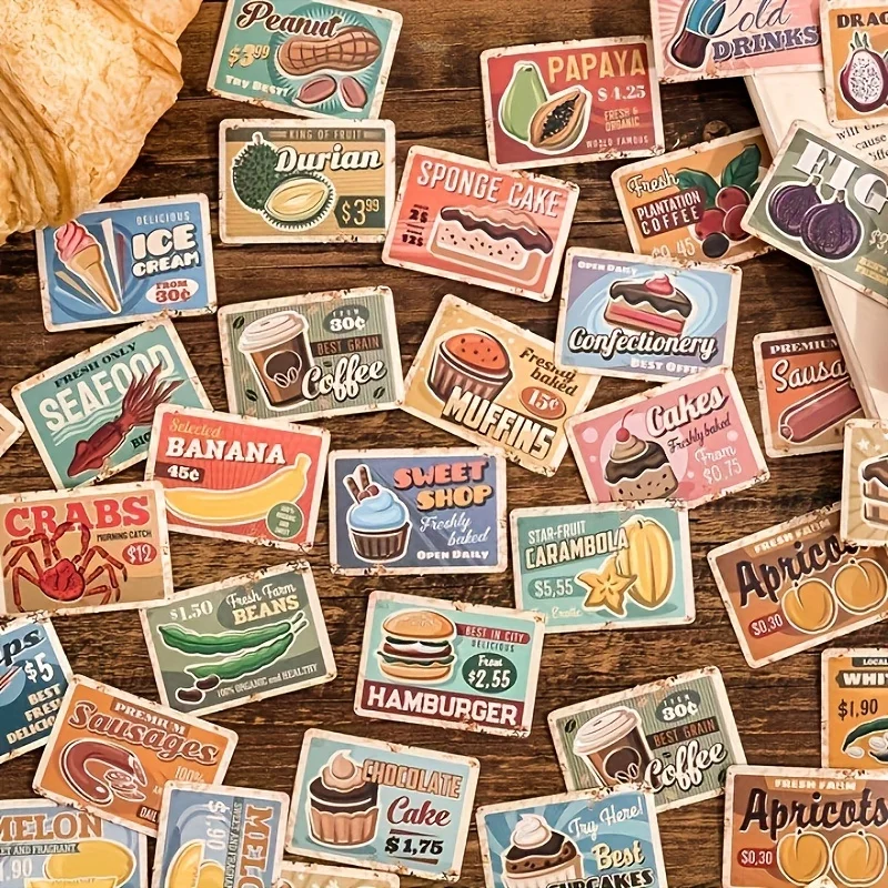 45pcs/Box Paper Stickers Vintage Label Food Coffee Fruit Cake Drinks Decorative Stickers for Collage Scrapbooking DIY Journaling