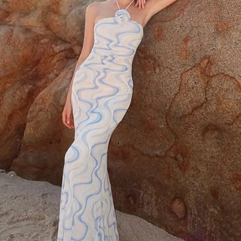 

Print Maxi Dresses Women Halter Spaghetti Strap Elegant Tie Dye Straight Bodycons Female Street Evening Party Beach Slim Dress