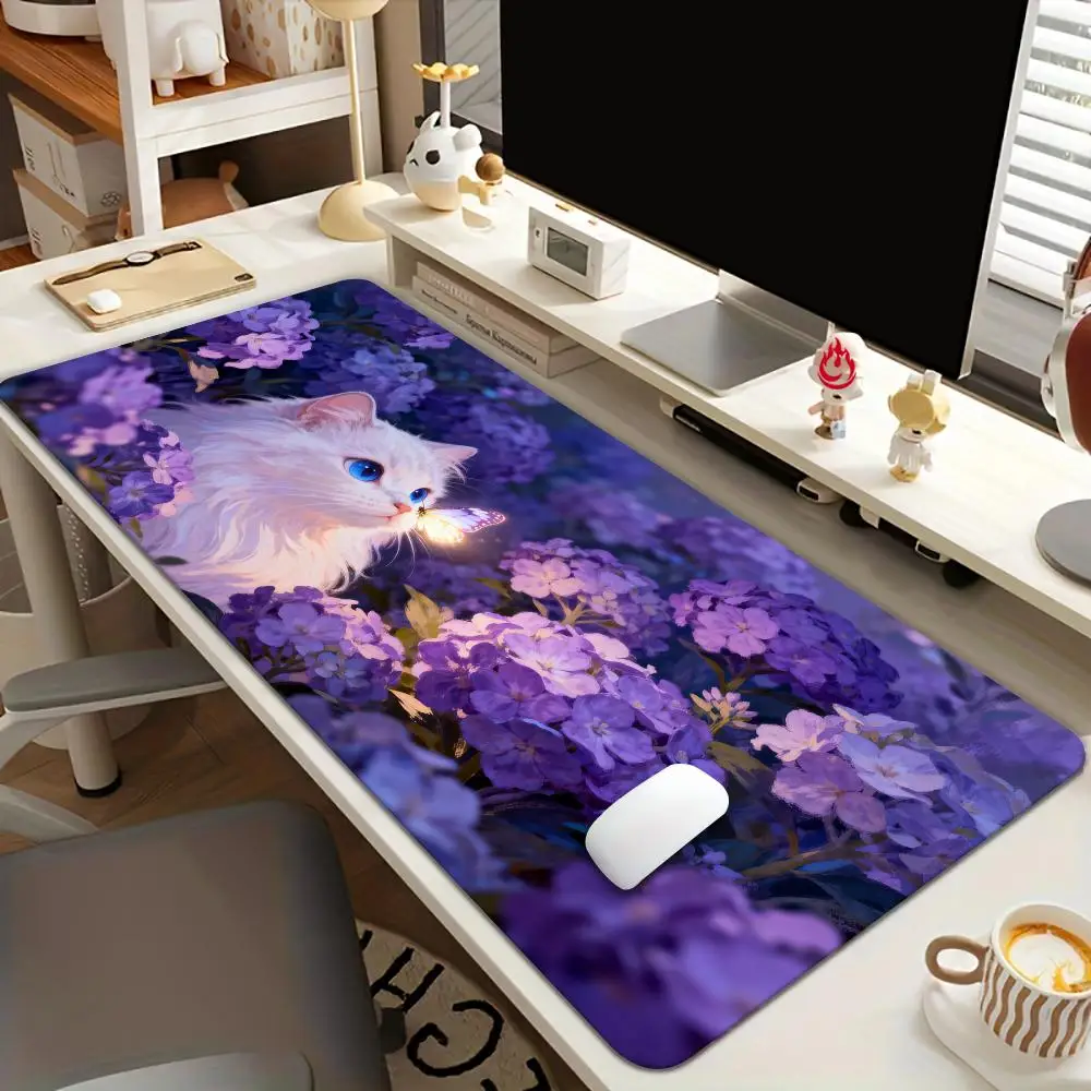 

Коврик для мыши с изображением гортензии и кошки, нескользящий, для офиса, аксессуары для ПК, коврик для клавиатуры, игровые коврики, tapis souris