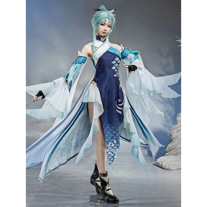 

Game Genshin Impact Cosplay Madame Ping Costume Women Cos Outfits Dress Halloween Role Play Carnival Party Suit Wig Full Set