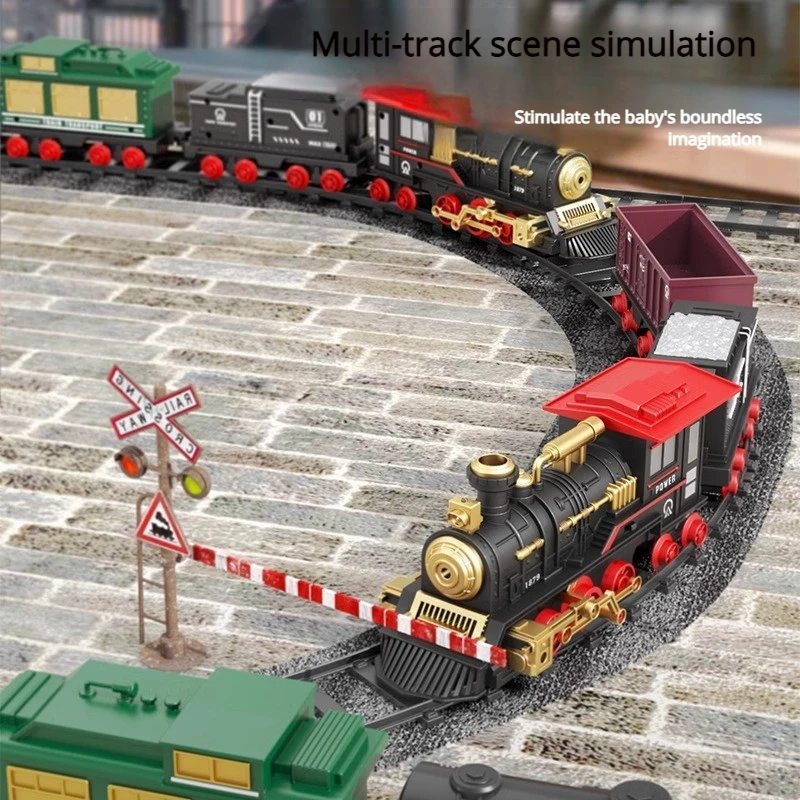 

Детские электрические игрушки, модель поезда с распылителем тумана, электрическая имитация поезда, карета, муфта, сборка, набор игрушек, игрушки для сборки гусениц