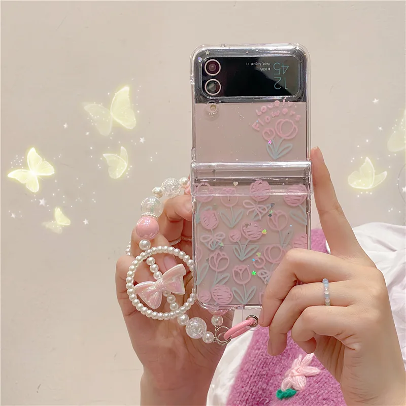 

Pink Tulip Transparent Phone Case For Samsung Galaxy Z Flip 7 6 5 4 Protective Back Cover For ZFlip5 ZFlip6 ZFlip7 Case Shell