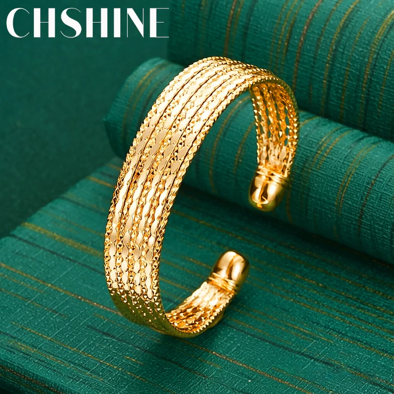 925 Sterling Silver 18K Gold Multi Rows Woven Diamond Cut Open Bangle for Women Fashion Wedding Party Jewelry