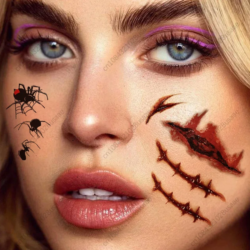 New Scary Hot 3D Halloween Party Decoration Tattoo Fake Stitches Tattoos Cut Scary Face Wound Blood Chucky Zombie Makeup Sticker