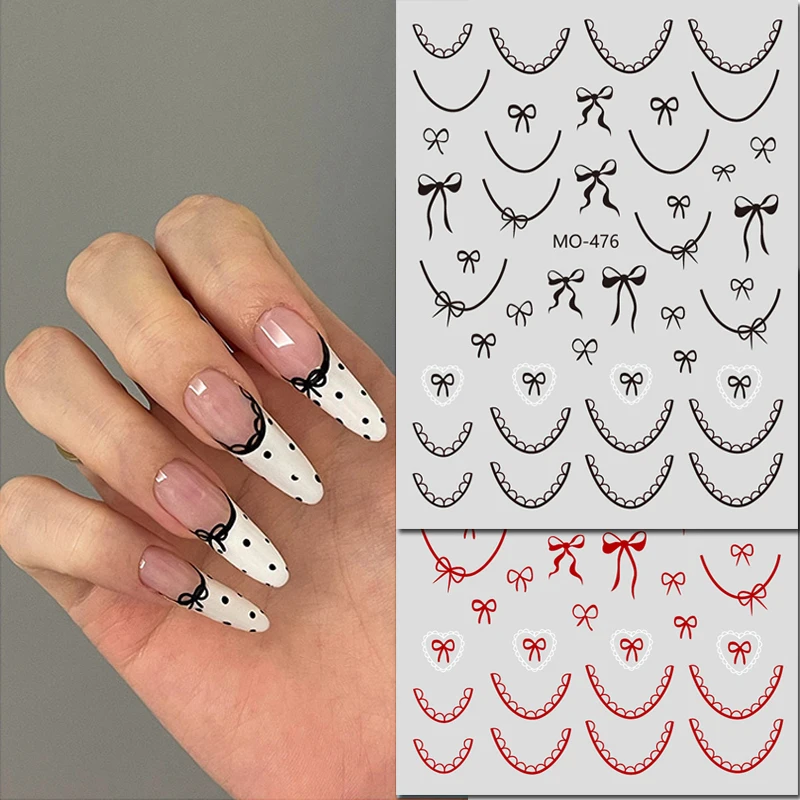 

5D Embossed Nail Art Stickers Black Red Elegant Laces French Tips Bowknots Sliders Nails Decals Decorations For Manicures