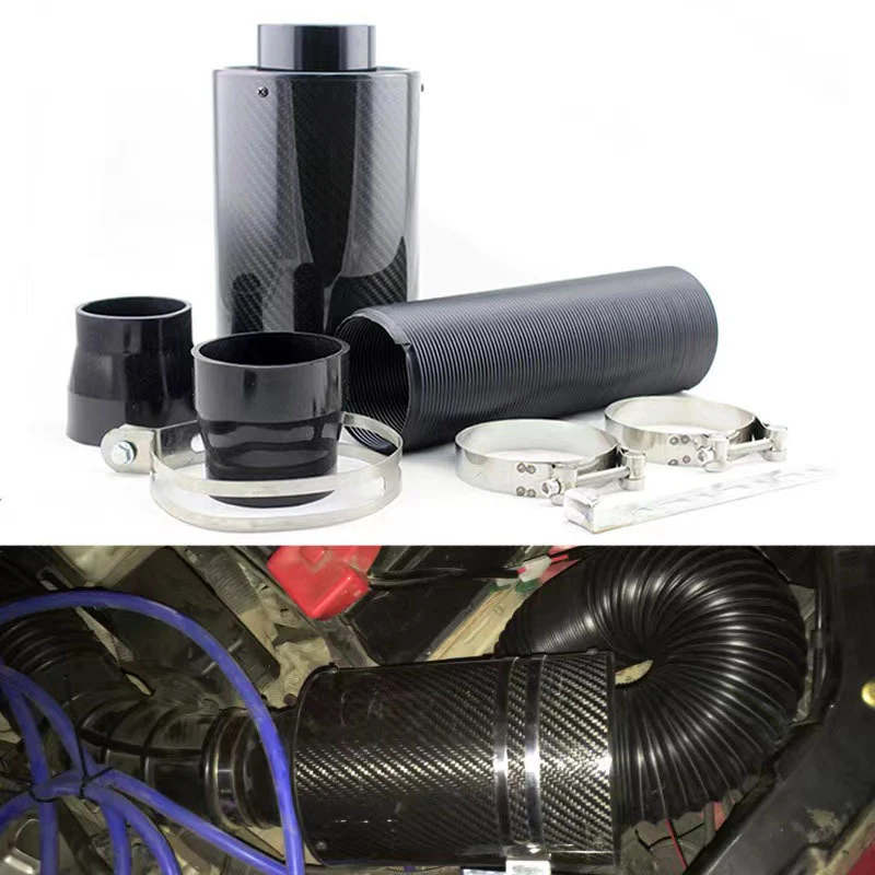 1 Set Universal Car 3 inch Carbon Fibre Cold Air Filter Feed Enclosed Intake Induction Pipe Hose Kit Universal