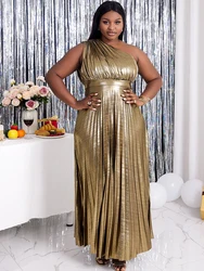 Gold Long Dresses One Shoulder Shiny Pleated A Line Women Evening Cocktail Event Party Plus Size Outfits Curvy Women Gowns 4XL