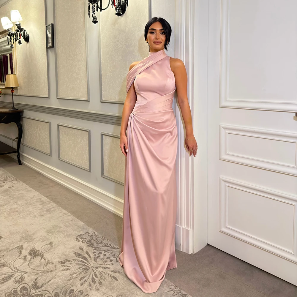 

Custom Made Simple Pink Sleeve Pleated Fomral Evening Dress Straight Backless Floor Length Prom Party Dress for Bridal Wedding