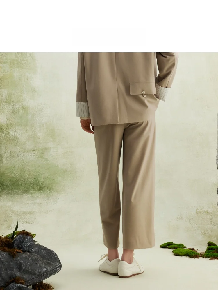 LIHAN 2026年春 レディース カジュアル ウール ストレートレッグパンツ カーキカラー スーツスタイル ミッドウエスト ジッパー開閉 ファッションデザイン