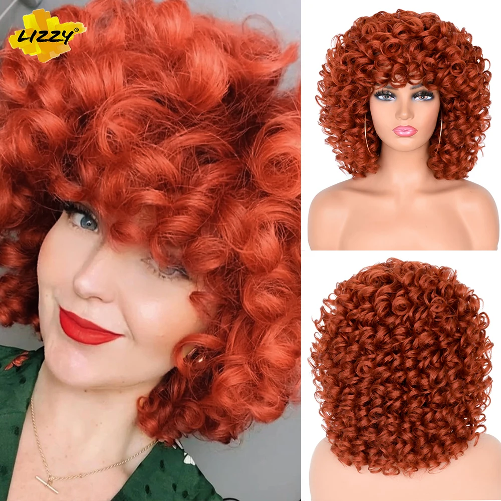 Lizzyhair Rot Braun Kupfer Kurze Lockige Synthetische Perücken für Schwarze Frauen African Cosplay Natürliche Afro Perücke mit Pony Wärme Beständig