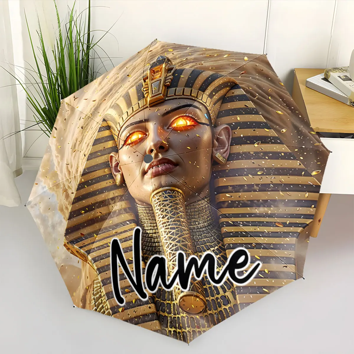Custom Name Unique Pharaoh Design Umbrella for Style Protection Print 8 Iron Ribs Folding Umbrella Auto-Open Fashion Sunshade