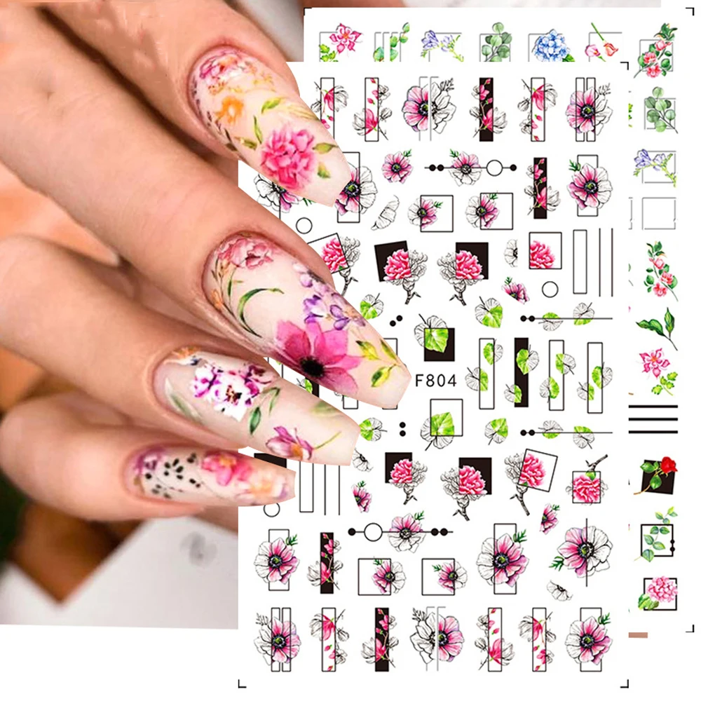 1pc Spring Rose Flowers 3D Nail Stickers Leaves Geometric Lines Design Transfer Sliders Abstract Nail Decals Manicures Stickers